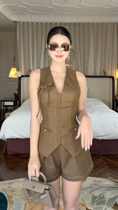 Set vest gile nữ Khiết Style tone nâu đính nơ phong cách hiện đại cá tính KS312