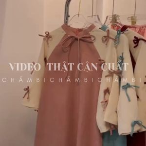 Set áo dài nữ S.218 Set áo dài cách tân cổ tàu viền ngọc tay lửng đính nhiều nơ dễ thương - Shop Chấm Bi