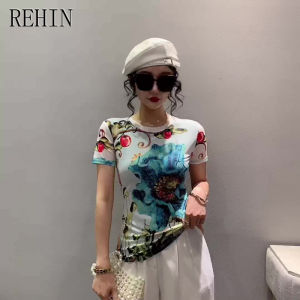 Rehin thời trang mới mùa hè lưới ngắn tay in họa tiết T-Shirt ôm vừa cổ tròn của phụ nữ hàng đầu