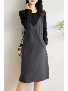 Fashionable Korean Style Loose Maternity Dress Womens Autumn Winter A-Line Skirt Long Sleeve round Neck Color Block Dress