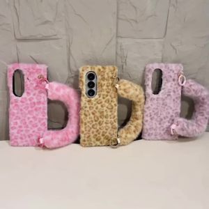 Soft Plush Leopard Print Lanyard Phone Case For Samsung Z Fold 6 7 8 Ultra zfold 5 4 3 5G Fur Wristband Protection Back Cover