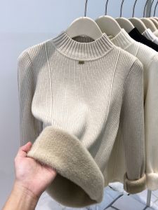 Womens Thickened Fleece Knitted Sweater Half High Collar Slim Fit Inner Shirt Integrated Fleece Knitwear Autumn Winter New Style