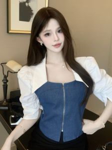GUZILIAN | Slimming Denim Blouse with Shirt Collar Puff Sleeves Zipper Design