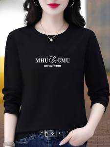 Woodpecker Black Pure Cotton Long Sleeves T-Shirt Female Large Size Belly Covered Loose Slim Looking Spring Thin Bottoming Shirt Tops