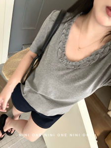 NINI ONE Womens Sweet Style T-shirt U-Neck Short Sleeve Loose Fit Versatile Floral Edge Top for plus Size Ladies