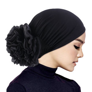 Womens Hijabs Turban Big Flower Elastic Cloth Hair Bands Hat Beanie Ladies Muslim Solid Hair Loss Scarf Cap Hair Accessories