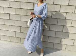 ●ECLAIRE● 063 Dress Midi Salur Stripe Garis-Garis Vneck Kasual Korea Basic Dasar Casual Formal Kerja 789