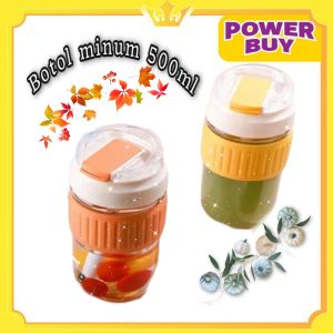 1 Pcs Gelas Tumbler Kaca Bening/Gelas Mug Dengan Tutup Anti Tumpah 500 ml/Botol Minum Kaca