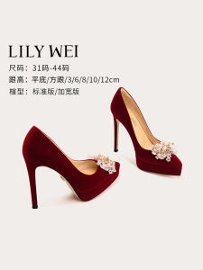 รองเท้าส้นสูงแบบสวมหัวแหลมสีแดง ทรงหัวมน ด้านในเป็นหนังไนลอน สำหรับผู้หญิงวัยรุ่นและวัยกลางคน ฤดูร้อน 2023 รองเท้าแต่งงานแบบสวมหัวแหลมสีแดง