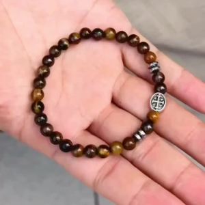 8 Styles Men Cross Bracelet 6mm Natural Lava Turquoise Tiger Eyes Stone Braslet Holy Mother Symbol Viking Beaded Braclet Pulsera