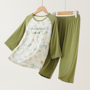Childrens Modal Sleepwear Thin Summer Home Clothes Set Cartoon Design Air Conditioning Suit Boys Long Pants round Neck