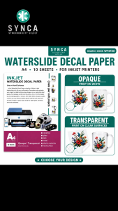 Waterslide Decal Paper A4 SYNCA WTS100 Inkjet Printable Transparent Opaque Water Transfer Sticker 10 Sheets - Mugs Tumblers Phone Cases Wood Metal Plastic DIY Crafts Clear White Finish Waterproof Heat Set Decals for Ceramics Glass Craft Supplies and More