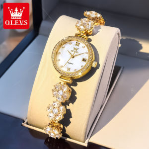 OLEVS Watch For Women Elegant Luxury Waterproof Original Stainless Steel Strap Diamond Flower Calendar Small Dial With Gift Box