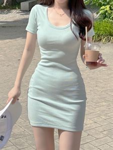 ฤดูร้อน สลิมฟิต แขนสั้น เดรส ความปรารถนาอันบริสุทธิ์คอต่ํา ผู้หญิง แฟชั่น รัดรูป กระโปรงรัดรูป เซ็กซี่ เด็กผู้หญิง Shoplah เดรส