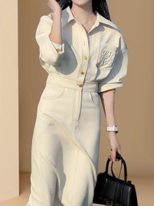 Elegant Long Sleeve Dress Womens Beautiful Waist Cinched Midi Skirt Spring New Style Fashionable Split Skirt Korean Style Button Detail A-Line Dress