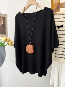 Lightweight Batwing Sleeve Knitted T-Shirt round Neck Short Sleeve Fashionable Pure Color Summer Top for Young Women
