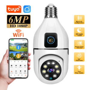 Tuya 6MP HD PTZ WiFi Seguridad Dual Lens Screen E27 Bulb Camera Color Night Vision Security Video Surveillance 360° Rotation Cam