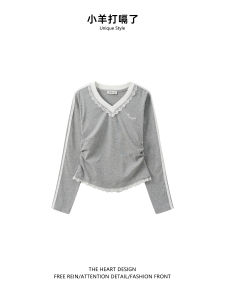 Ruffle Sleeveless Lace Insert V-Neck T-Shirt Womens Slim Fit Long Sleeve Base Shirt Embroidered Fake Two-Piece Top for Autumn