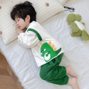 Bộ Đồ Ngủ Trẻ Em Dinosaur Flannel Coral Fleece Bộ Đồ Ngủ Trẻ Em Mùa Đông 2023 Dung Tích 100% Polyester Trang Phục Mặc Nhà Cho Bé Trai