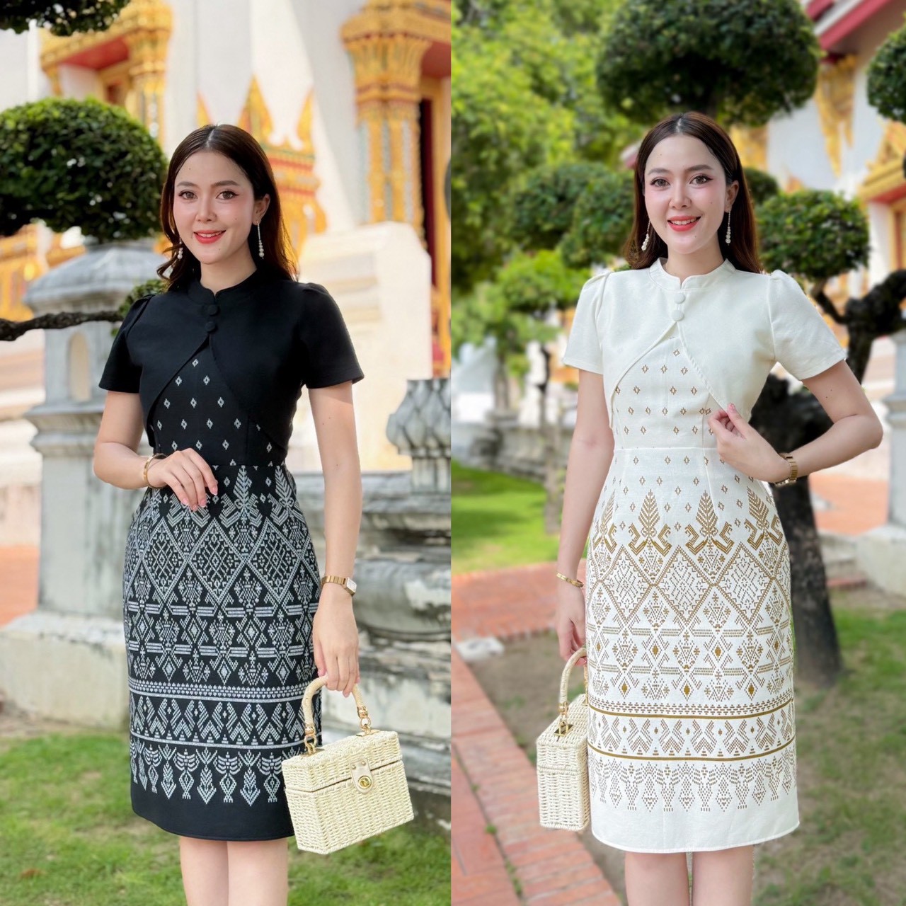 เดรสผ้าฝ้ายคอจีนลายไทย สีดำ-ขาว ใส่แล้วสง่า ทรงเข้ารูป พรางพุง | Lazada