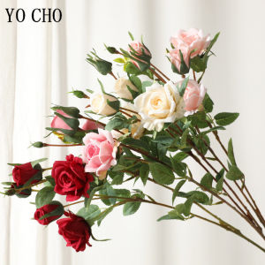 YO CHO Artificial Silk Rose Flowers High Quality Fake Flowers Long Branch 5 Heads Wedding Flores Valentines Day Home Decoration