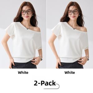 miiow | Gray Asymmetrical Shoulder T-Shirt Womens Summer Loose Short Sleeve One-Shoulder Casual Feeling Versatile Lazy Style Top