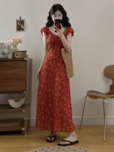 AIYITI | French Tea Break Style Red Floral Dress Women Summer Plus Size Beautiful Waist Cinched Belly Concealing Short Sleeve Long Dress