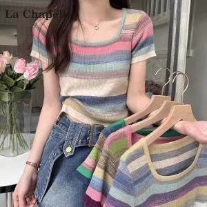 Áo Thun Tay Ngắn Sọc La Chapelle Dành Cho Nữ Mùa Xuân Hè Phong Cách Mới Vai Rộng Nhiều Màu Sắc Cổ Vuông Ngắn