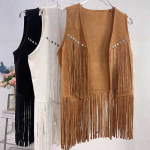 Retro Western Cowboy Style Brown Suede Vest Desert Oasis Travel Photography Outerwear Fringed Top Womens Fashion