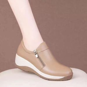 Leather Lightweight 4cm Soft Sole Side Zippered Womens Wedges Shoes New Comfortable Thick Sole Casual Shoes