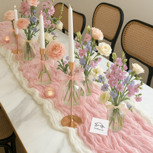 Bàn Tiệc Cưới Màu Hồng Bạt Tulle Đạo Cụ Phim Sinh Nhật Bạt Nhún Bèo Nhún Băng Rủ Tấm Vải Ren Trang Trí Bàn Tiệc