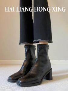 Retro Style Sheepskin Short Boots Womens Autumn Winter Martin Boots British Style High Heel Elastic Slim Fit Booties