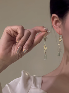 ชิค ต่างหูไม้ไผ่สไตล์จีนแบบดั้งเดิม ผู้หญิง เครื่องประดับแฟชั่นโลหะผสมเงินชุบทอง ชุดฮั่นฝู เครื่องประดับหู Qipao