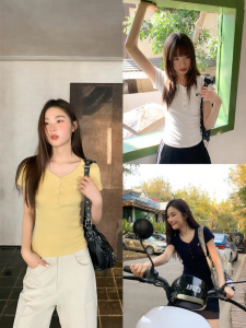 NIHAOKANONG | Áo Thun Nữ Ôm Body Kiểu Mỹ Cổ Điển Đính Thêu Màu Sắc
