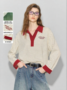 BEIQIANI | Retro Color Block Striped Casual Loose Polo Collar T-Shirt