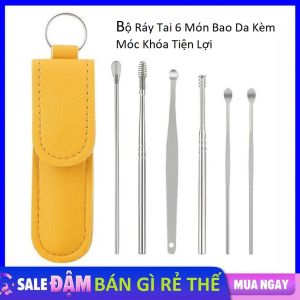 Bộ ngoáy tai 6 món thép không gỉ cao cấp Bao da có móc khóa tiện dụng mang theo người - Bộ Dụng Cụ Lấy Ráy Tai Massage tai Inox 6 Món An Toàn Cho Bé Và Gia Đình