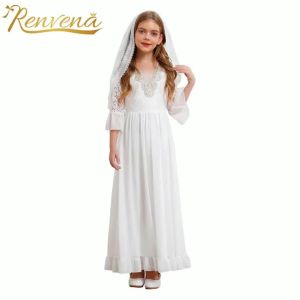 Pakaian gadis bunga Girld dengan Mesh Veil kanak-kanak putih Maxi pakaian gaun pesta ulang tahun Formal untuk malam perkahwinan perjamuan kudus