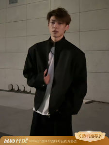 Black Shoulder Pad Jacket Mens American Casual Style Autumn Commute Stand Collar Baseball Coat Loose Fit Long Sleeve Zipper