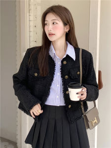 Fashionable Short Quilted Jacket Womens Black Design Sensation Top French Style Small Size Autumn Season Original Design round Neck