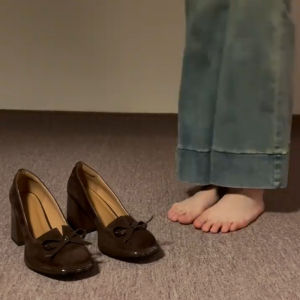 Excellent Texture! High Heels Womens Small Retro Brown Suede Bows Low-Cut Chunky Heel French Style Temperament Flats