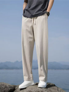 New 2025 Mens Loose Straight Leg Linen Sweatpants Casual Summer Sporty Handsome High Waist Long Pants Fashion Urban Style