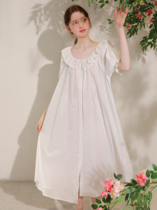 XEXZ | ชุดนอนผู้หญิงแขนสั้นปักลายผ้าฝ้ายแท้สไตล์ฝรั่งเศส ฤดูร้อน 2025 ชุดนอนผู้หญิงแขนยาวสไตล์ใหม่ Pure Desire ชุดนอนผ้าฝ้ายแท้