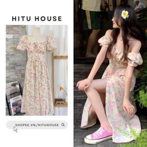 Đầm Hoa Nhí Dáng Dài Xẻ Tà Tay Bồng Cổ Vuông Rớt Vai - Hitu House [D.14]