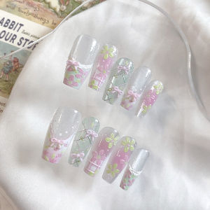 10pcs pure handmade coffin shaped nail art beautiful fake nails fresh floral nail art suitable for women to use