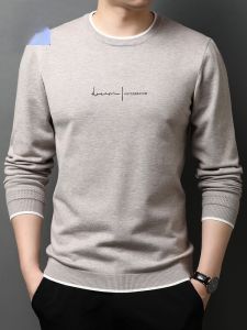 ROMON | Lormen Mens Long Sleeve T-shirt Casual Thin Round Neck Printed Base Shirt Standard Fit Anti-Wrinkle Polyester Blend Summer Top