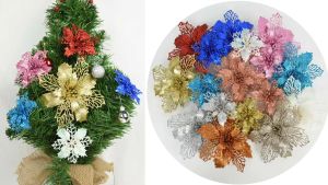 4Pcs Poinsettia Christmas Tree Decorations Glitter Artificial Flowers with Stems for DIY Wedding Xmas Tree Ornaments Home Decor