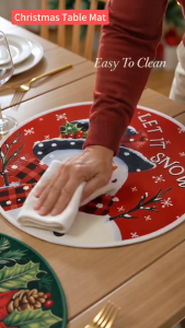 Christmas Placemats 15Inch Round Xmas Snowman Trees Snowflakes Placemat Coaster Crystal Velvet Material Heat‑Resistant Anti‑Scald Dining Table Mat Christmas Decor