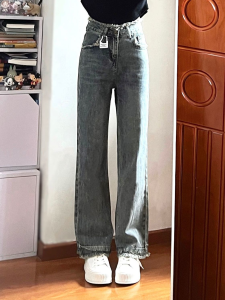 กางเกงยีนส์ทรงตรงสไตล์อเมริกันย้อนยุคสำหรับผู้หญิง กางเกงขายาวทรงขากว้าง ดีไซน์ซักแล้ว ขอบขนหนา ฤดูใบไม้ร่วง 2025 กางเกงยีนส์ทรงตรงสำหรับผู้หญิง