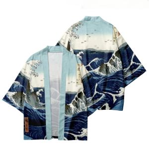 Nam Nhật Bản In Hình Sóng Áo Cardigan Kimono Kanagawa Ukiyo-e Haori Hở Mặt Trước Yukata Đi Biển Mùa Hè Che Dạo Phố Áo Khoác Polyester