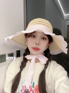 Spring 2025 Blue Grid Bow Hollow Woven Straw Hat Women Large Brim Sunshade Beach Holiday Hats Sweet Cute Style round Top